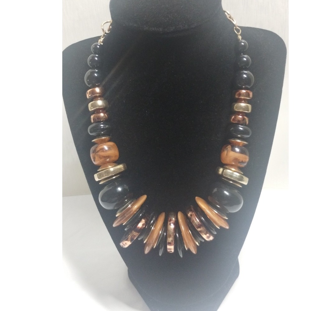 Chunky Statement Necklace Black Brown Gold Bronze Beaded Resin Boho 22 Inch